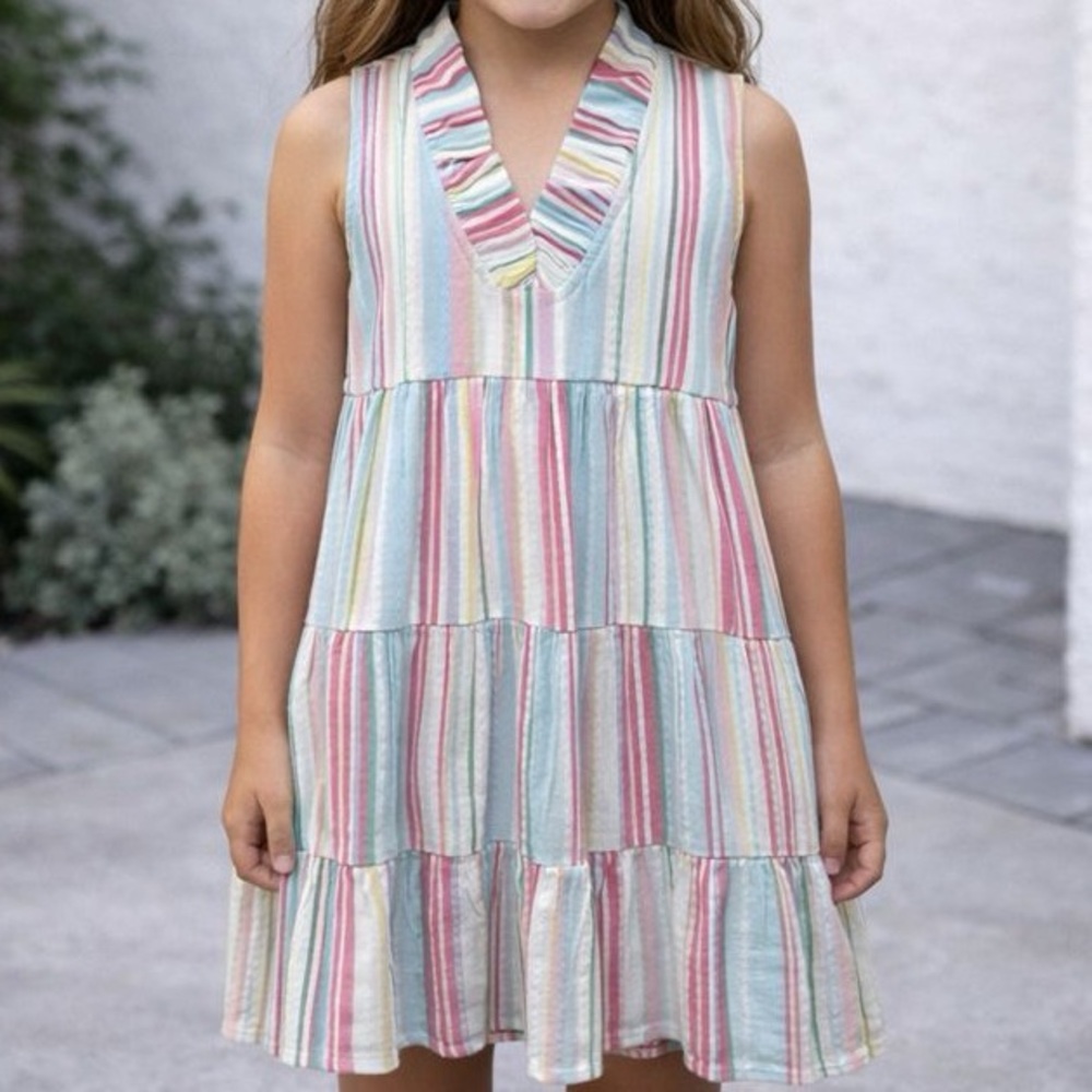 Crown & Ivy Kids Dress Girls Medium Multi Stripe Sleeveless Ruffle V Neck NWT